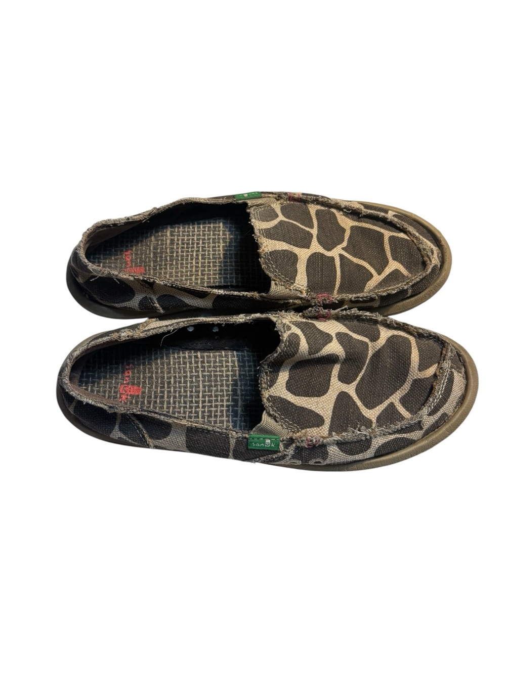 Sanuk Canvas Shoes Size 7 Slip-On Flats Brown Giraffe Animal Print Hemp Loafers - Picture 5 of 13